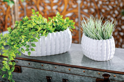 White Ceramic Ribbed Planter 13"
