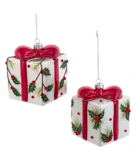 Glass Holly Present Orn