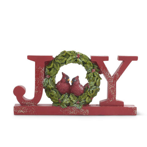 Resin Red Glittered JOY Tabletop Cutout w/Cardinals