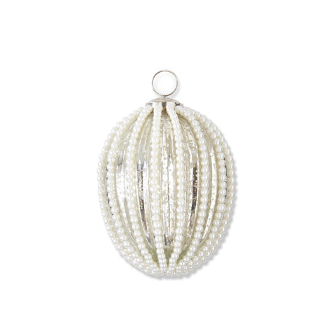Oval Silver Mercury Glass Orn w/Whie Beaded String