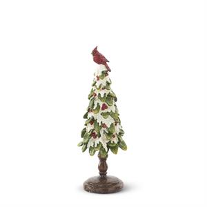 Sm Glittered Resin Holly Tree w/Cardinal