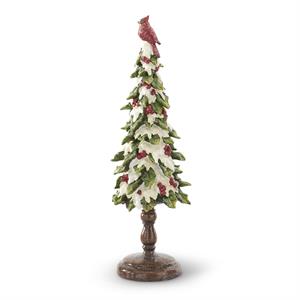 Lg Glittered Resin Holly Tree w/Cardinal