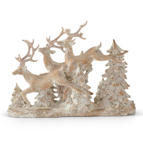 Resin Whitewashed Prancing Reindeer Winter Scene