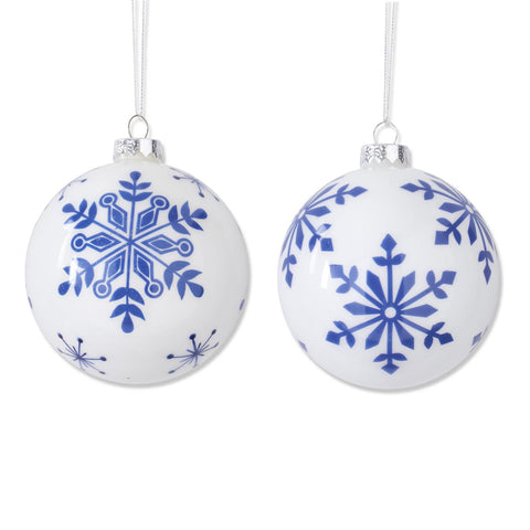 Asst White w/Blue Snowflakes Glass Round Orn