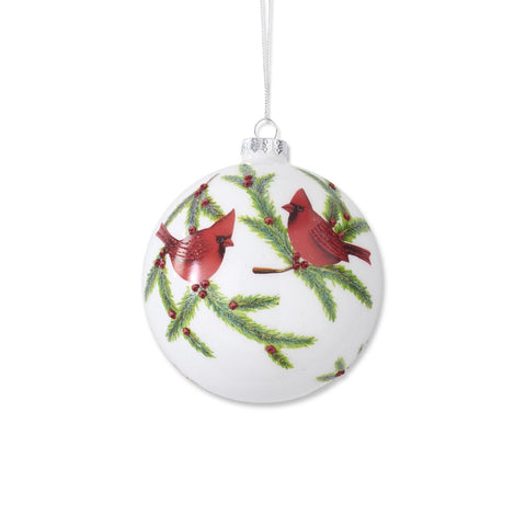 Glittered White Round Glass Ornament w/Cardinals