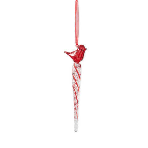 Red & Clear Glass Icicle Ornament w/ Red Bird