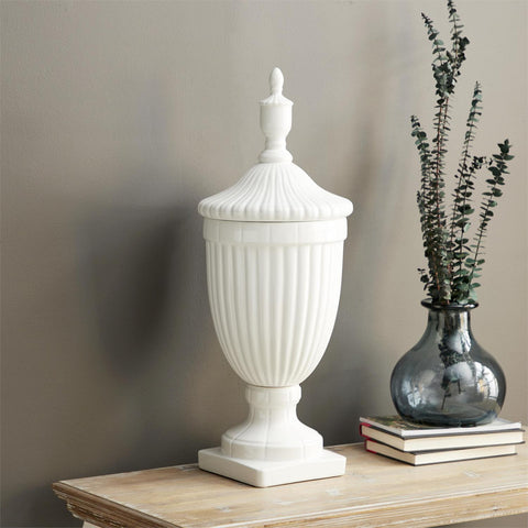 White Tall Fluted Urn with Lid