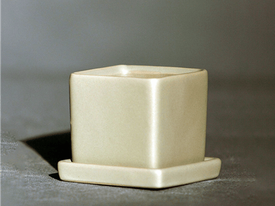 Cube Pot with Detached Saucer, Matte Grey Green